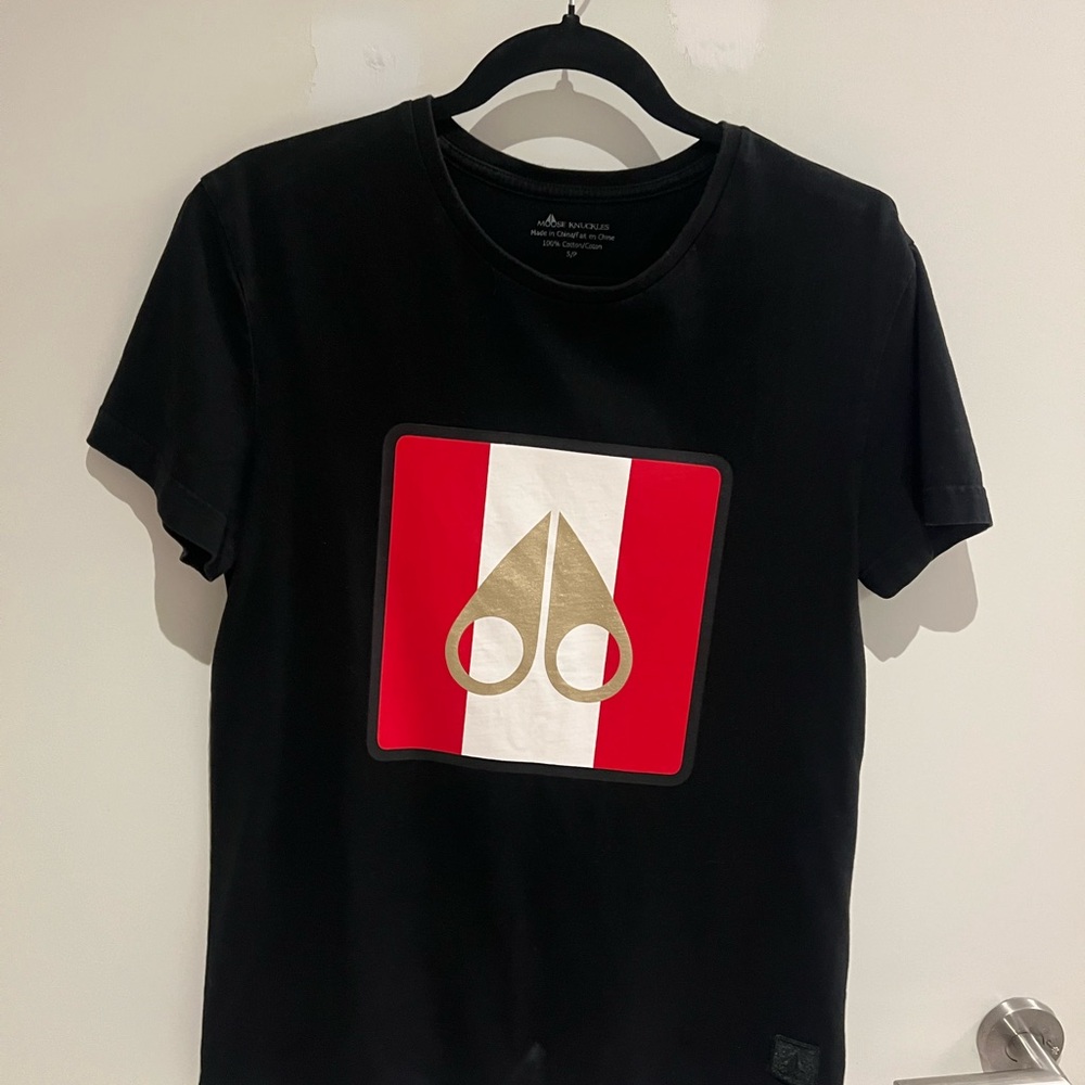 Moose Knuckles Black Tee with Cana a Flag Unisex